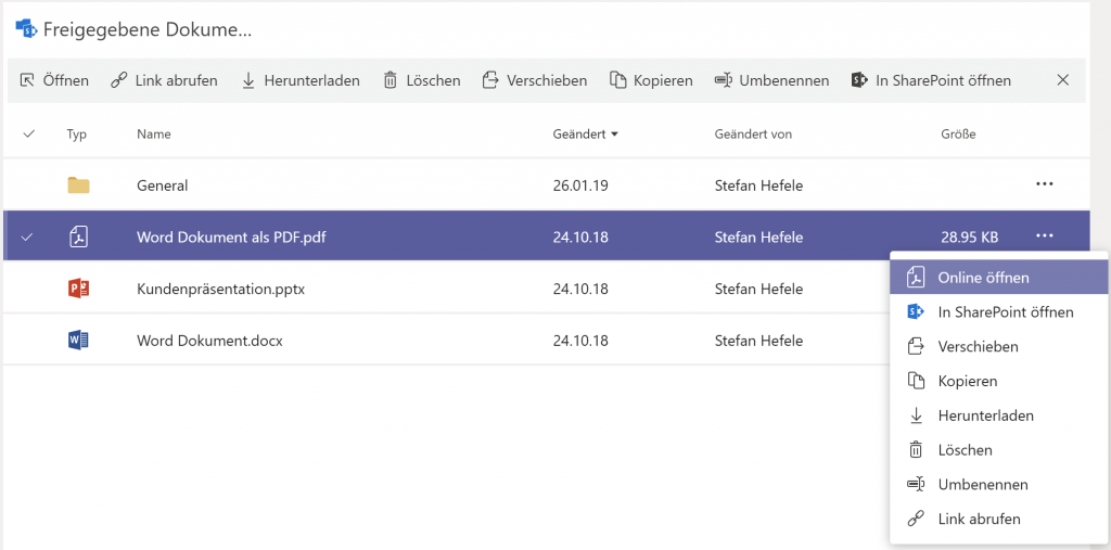 Document library in a “document library” tab in Teams