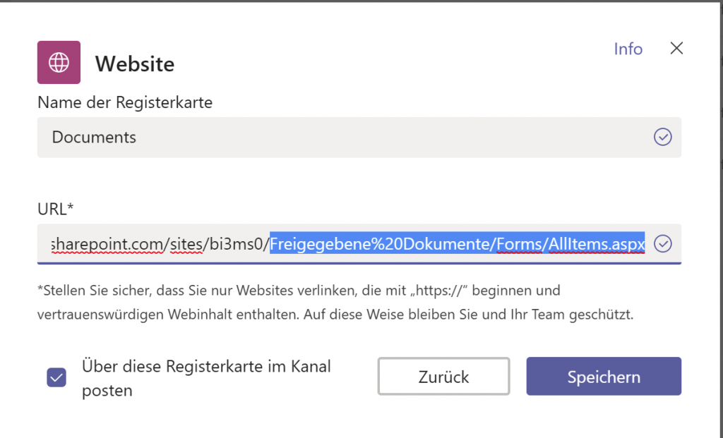 Add library as Website in Teams